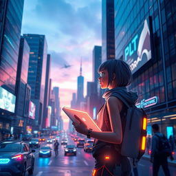 A futuristic scene depicting a girl journeying through a high-tech city filled with advanced technologies