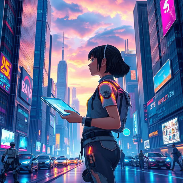 A futuristic scene depicting a girl journeying through a high-tech city filled with advanced technologies