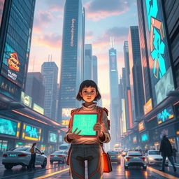 A futuristic scene depicting a girl journeying through a high-tech city filled with advanced technologies