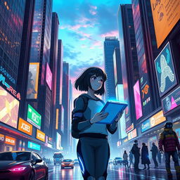 A futuristic scene depicting a girl journeying through a high-tech city filled with advanced technologies