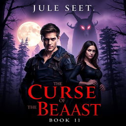 The cover of *The Curse of the Beast: Book 1* featuring a dark, misty forest at twilight, characterized by towering trees that create an ominous atmosphere