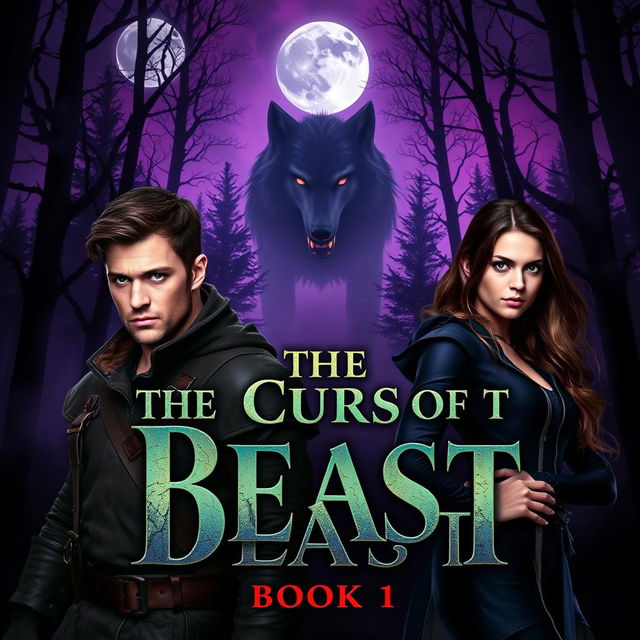 The cover of *The Curse of the Beast: Book 1* featuring a dark, misty forest at twilight, characterized by towering trees that create an ominous atmosphere