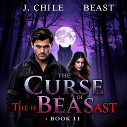 The cover of *The Curse of the Beast: Book 1* featuring a dark, misty forest at twilight, characterized by towering trees that create an ominous atmosphere