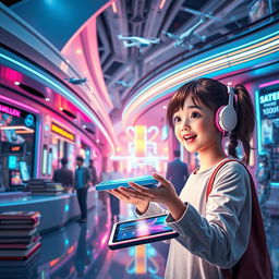 A futuristic scene depicting a girl exploring a high-tech world filled with advanced technologies such as sleek smartphones, colorful tablets, and various innovative gadgets