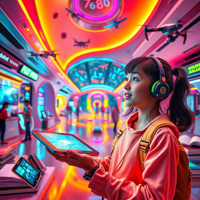 A futuristic scene depicting a girl exploring a high-tech world filled with advanced technologies such as sleek smartphones, colorful tablets, and various innovative gadgets