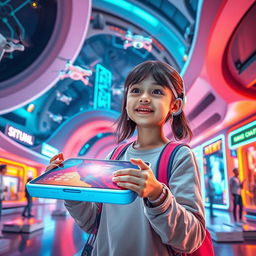 A futuristic scene depicting a girl exploring a high-tech world filled with advanced technologies such as sleek smartphones, colorful tablets, and various innovative gadgets