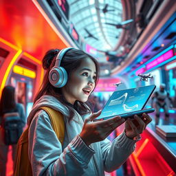 A futuristic scene depicting a girl exploring a high-tech world filled with advanced technologies such as sleek smartphones, colorful tablets, and various innovative gadgets