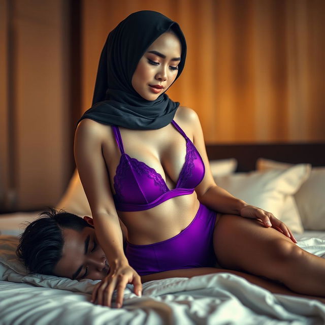 A striking scene depicting a confident Chinese woman wearing a stylish hijab, paired with a bold purple bra and matching purple underwear