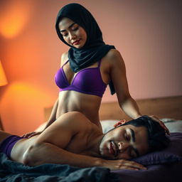 A striking scene depicting a confident Chinese woman wearing a stylish hijab, paired with a bold purple bra and matching purple underwear