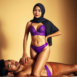 A captivating scene featuring a confident Chinese woman wearing a stylish hijab, paired with a striking purple bra and matching purple underwear