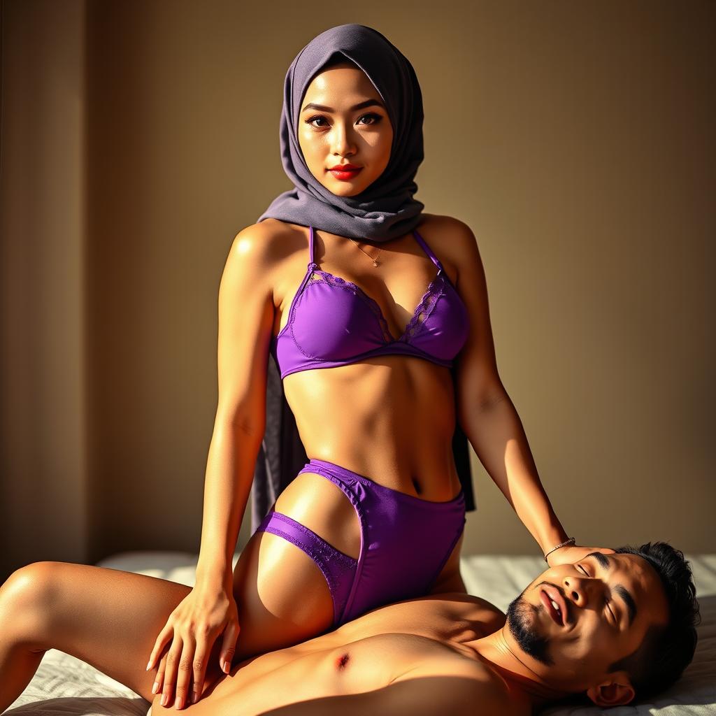 A captivating scene featuring a confident Chinese woman wearing a stylish hijab, paired with a striking purple bra and matching purple underwear