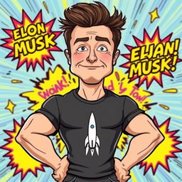 A cartoon character resembling Elon Musk in the exaggerated, over-the-top style of classic 'Chad' memes
