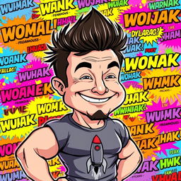 A humorous cartoon character inspired by Elon Musk portrayed in the exaggerated 'Chad' meme style