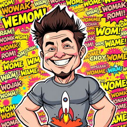 A humorous cartoon character inspired by Elon Musk portrayed in the exaggerated 'Chad' meme style