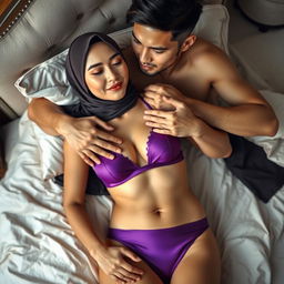 An intimate scene featuring a beautiful Chinese woman wearing a stylish hijab, elegantly complemented by a vibrant purple bra and matching purple underwear as she lies gracefully on a luxurious bed