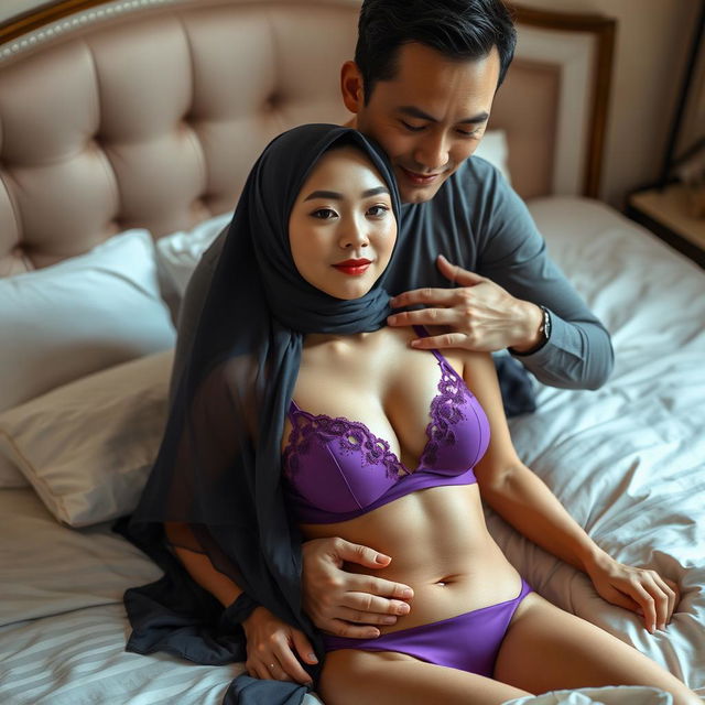 An intimate scene featuring a beautiful Chinese woman wearing a stylish hijab, elegantly complemented by a vibrant purple bra and matching purple underwear as she lies gracefully on a luxurious bed