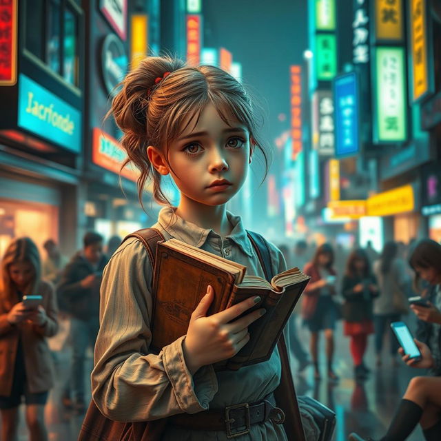 A sad girl holding an old, worn book, looking sorrowful as she travels into a futuristic city filled with advanced technology