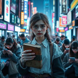 A sad girl holding an old, worn book, looking sorrowful as she travels into a futuristic city filled with advanced technology
