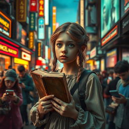 A sad girl holding an old, worn book, looking sorrowful as she travels into a futuristic city filled with advanced technology