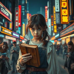 A sad girl holding an old, worn book, looking sorrowful as she travels into a futuristic city filled with advanced technology