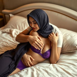 An intimate scene featuring a beautiful Chinese woman wearing a stylish hijab, elegantly complemented by a vibrant purple bra and matching purple underwear as she lies gracefully on a luxurious bed