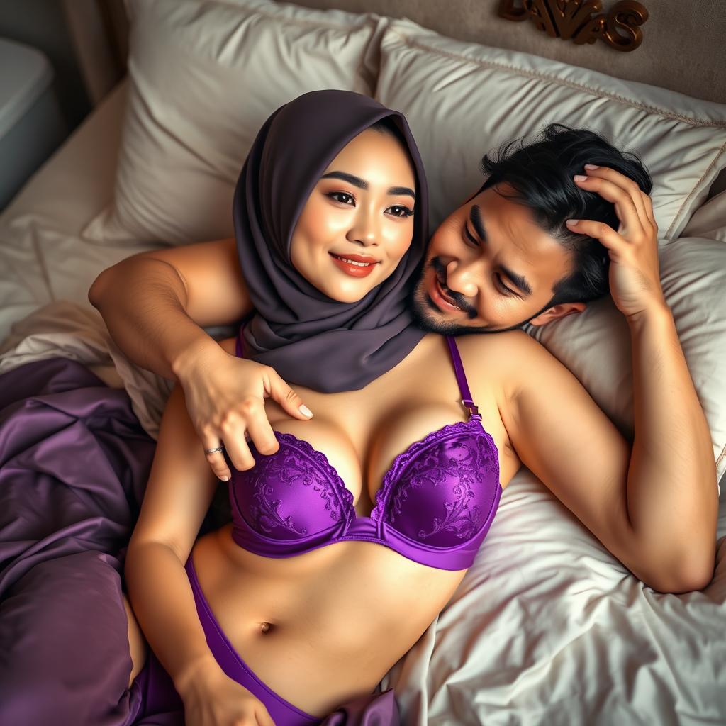 An intimate scene featuring a beautiful Chinese woman wearing a stylish hijab, elegantly complemented by a vibrant purple bra and matching purple underwear as she lies gracefully on a luxurious bed