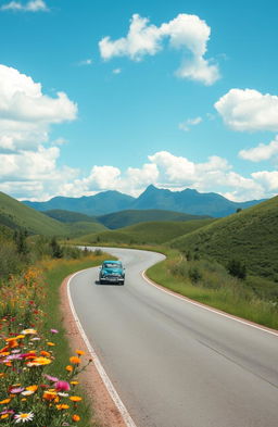 A serene road winding through lush green hills, under a bright blue sky with fluffy white clouds