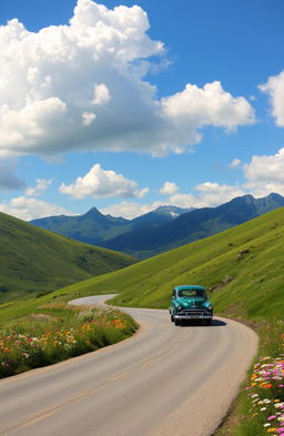 A serene road winding through lush green hills, under a bright blue sky with fluffy white clouds