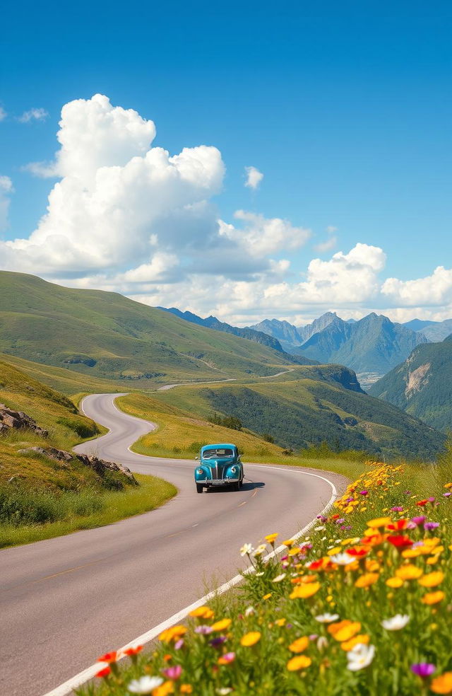 A serene road winding through lush green hills, under a bright blue sky with fluffy white clouds