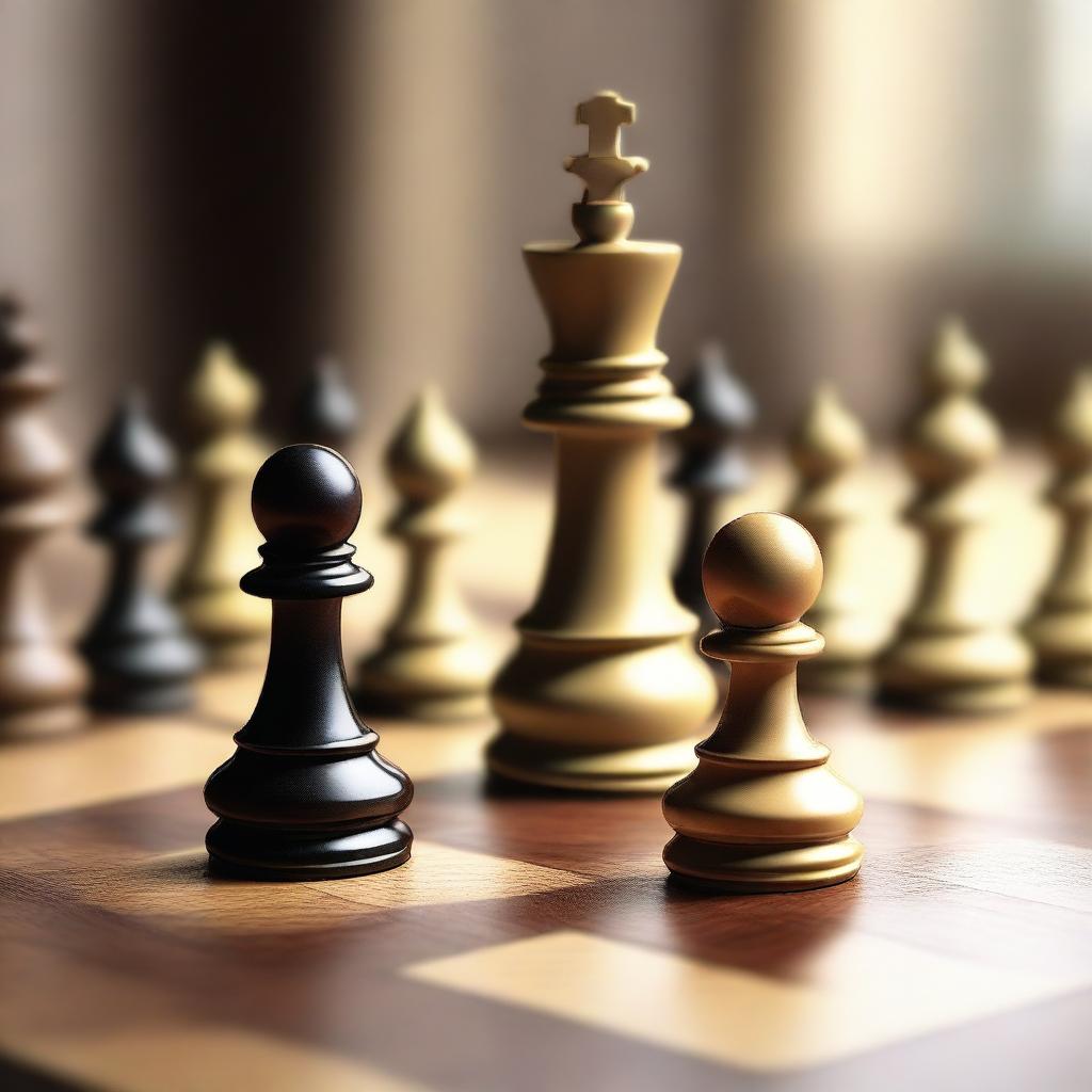 A high-quality digital art piece featuring a detailed, realistic chess board at the start of a game, with all pieces intricately carved and positioned