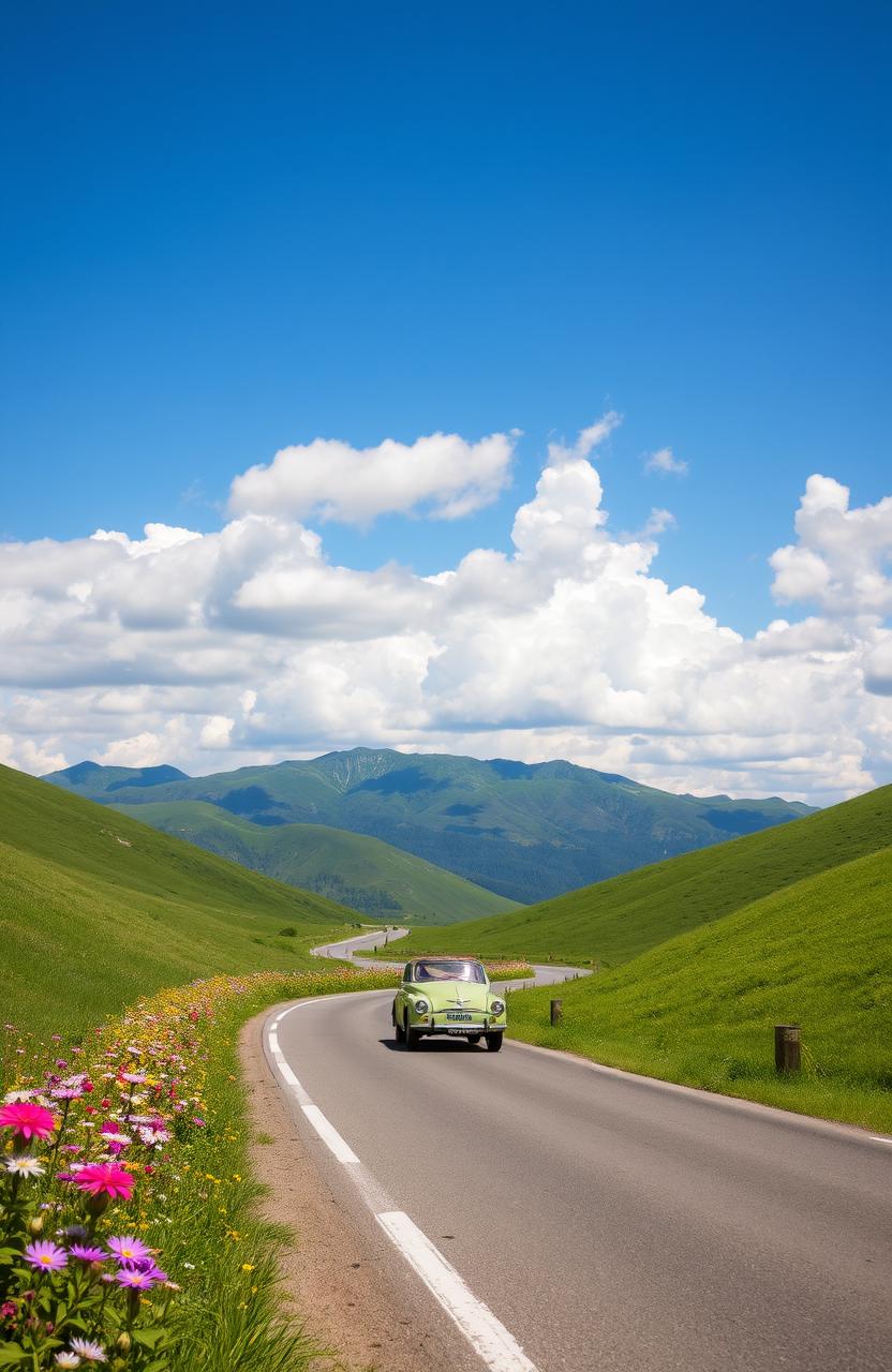 A serene road winding through lush green hills, under a bright blue sky with fluffy white clouds