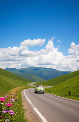 A serene road winding through lush green hills, under a bright blue sky with fluffy white clouds