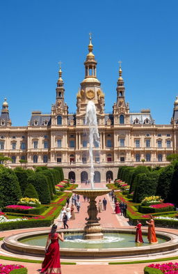 A magnificent royal palace, large and intricately designed, featuring tall spires and golden domes