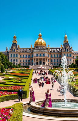 A magnificent royal palace, large and intricately designed, featuring tall spires and golden domes