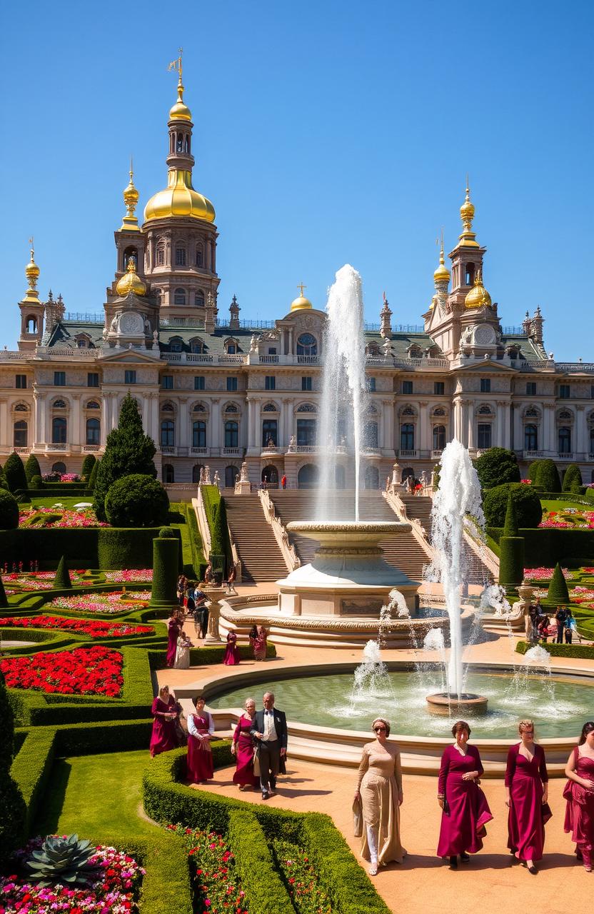 A magnificent royal palace, large and intricately designed, featuring tall spires and golden domes