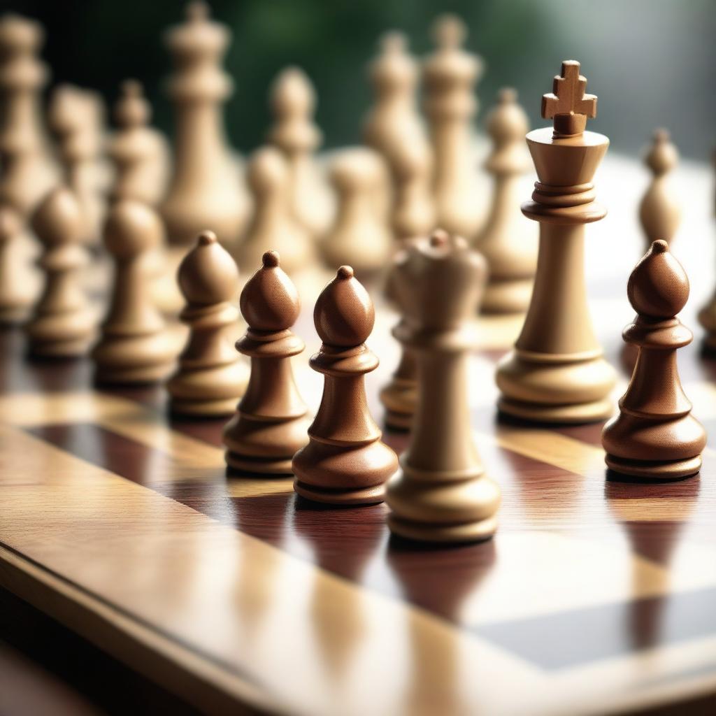 A high-quality digital art piece featuring a detailed, realistic chess board at the start of a game, with all pieces intricately carved and positioned