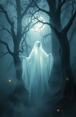 A hauntingly beautiful scene depicting a ghostly figure in a mist-shrouded forest