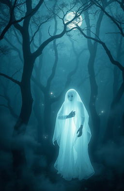 A hauntingly beautiful scene depicting a ghostly figure in a mist-shrouded forest