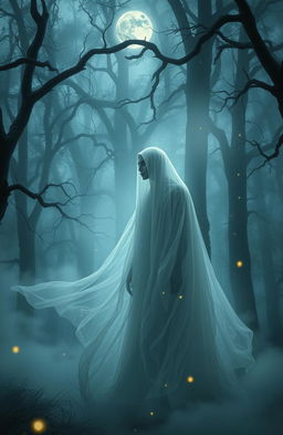A hauntingly beautiful scene depicting a ghostly figure in a mist-shrouded forest