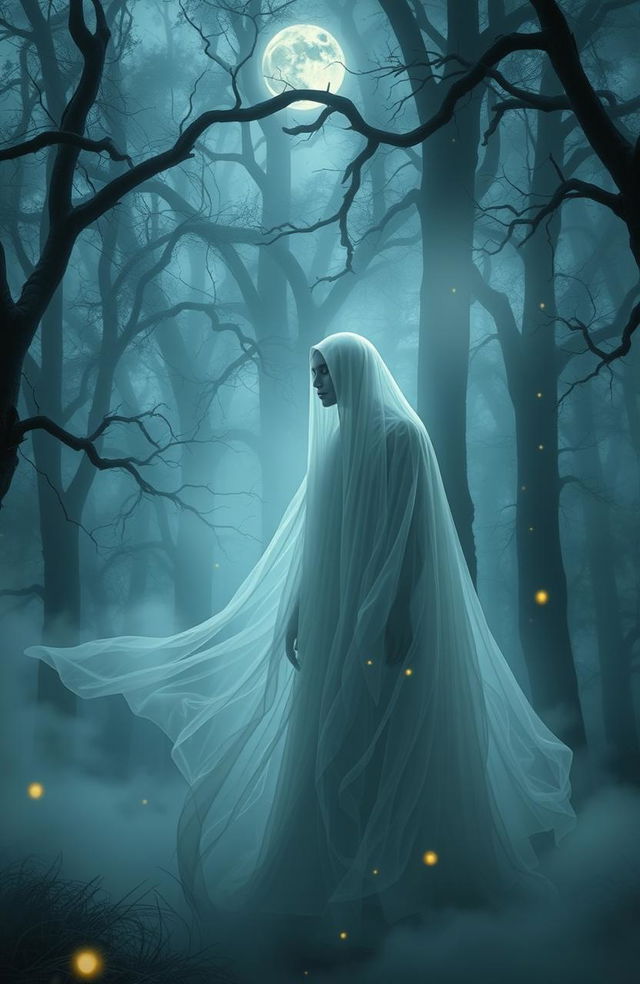 A hauntingly beautiful scene depicting a ghostly figure in a mist-shrouded forest