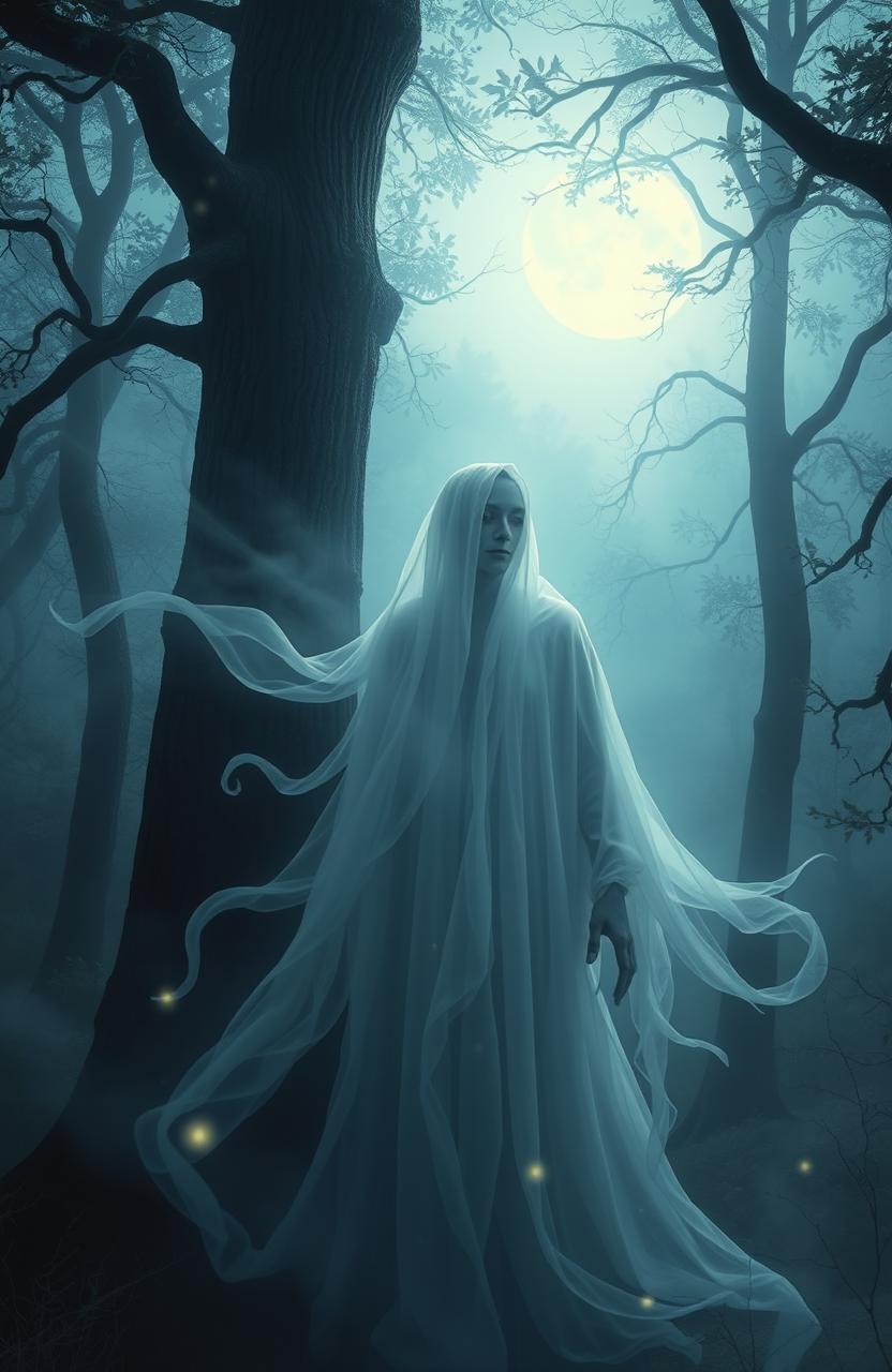 A hauntingly beautiful scene depicting a ghostly figure in a mist-shrouded forest