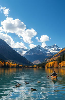 A breathtaking landscape depicting a serene lake surrounded by majestic mountains under a bright blue sky, with fluffy white clouds