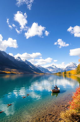 A breathtaking landscape depicting a serene lake surrounded by majestic mountains under a bright blue sky, with fluffy white clouds