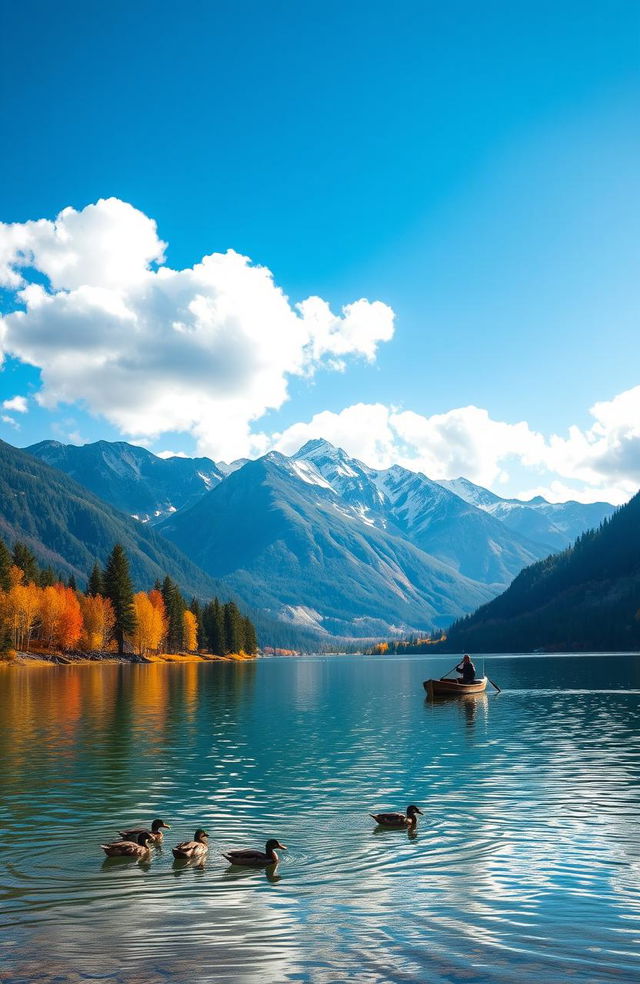 A breathtaking landscape depicting a serene lake surrounded by majestic mountains under a bright blue sky, with fluffy white clouds