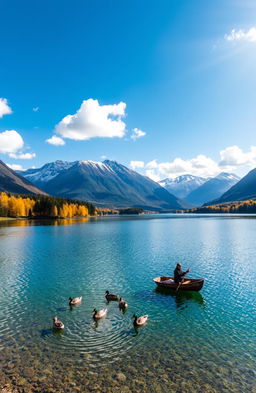 A breathtaking landscape depicting a serene lake surrounded by majestic mountains under a bright blue sky, with fluffy white clouds