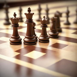 A high-quality digital art piece featuring a detailed, realistic chess board at the start of a game, with all pieces intricately carved and positioned