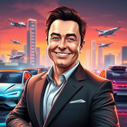 A charismatic and confident businessman character inspired by Elon Musk, depicted with strong features and a winning smile