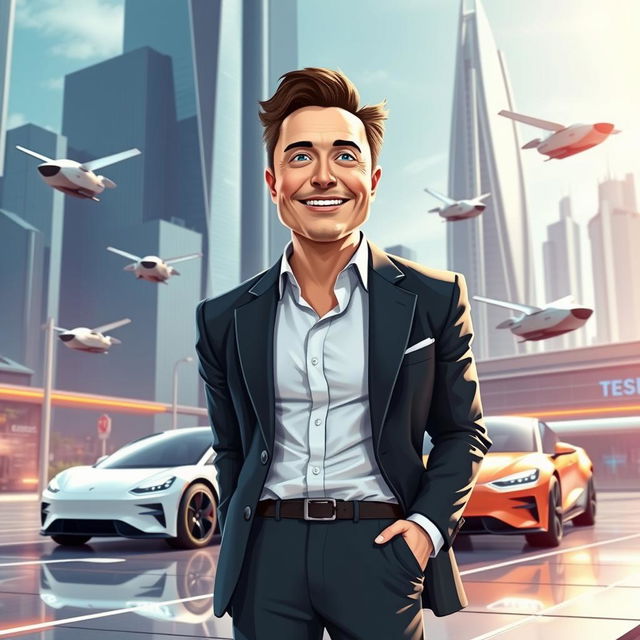 A charismatic and confident businessman character inspired by Elon Musk, depicted with strong features and a winning smile