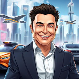 A charismatic and confident businessman character inspired by Elon Musk, depicted with strong features and a winning smile