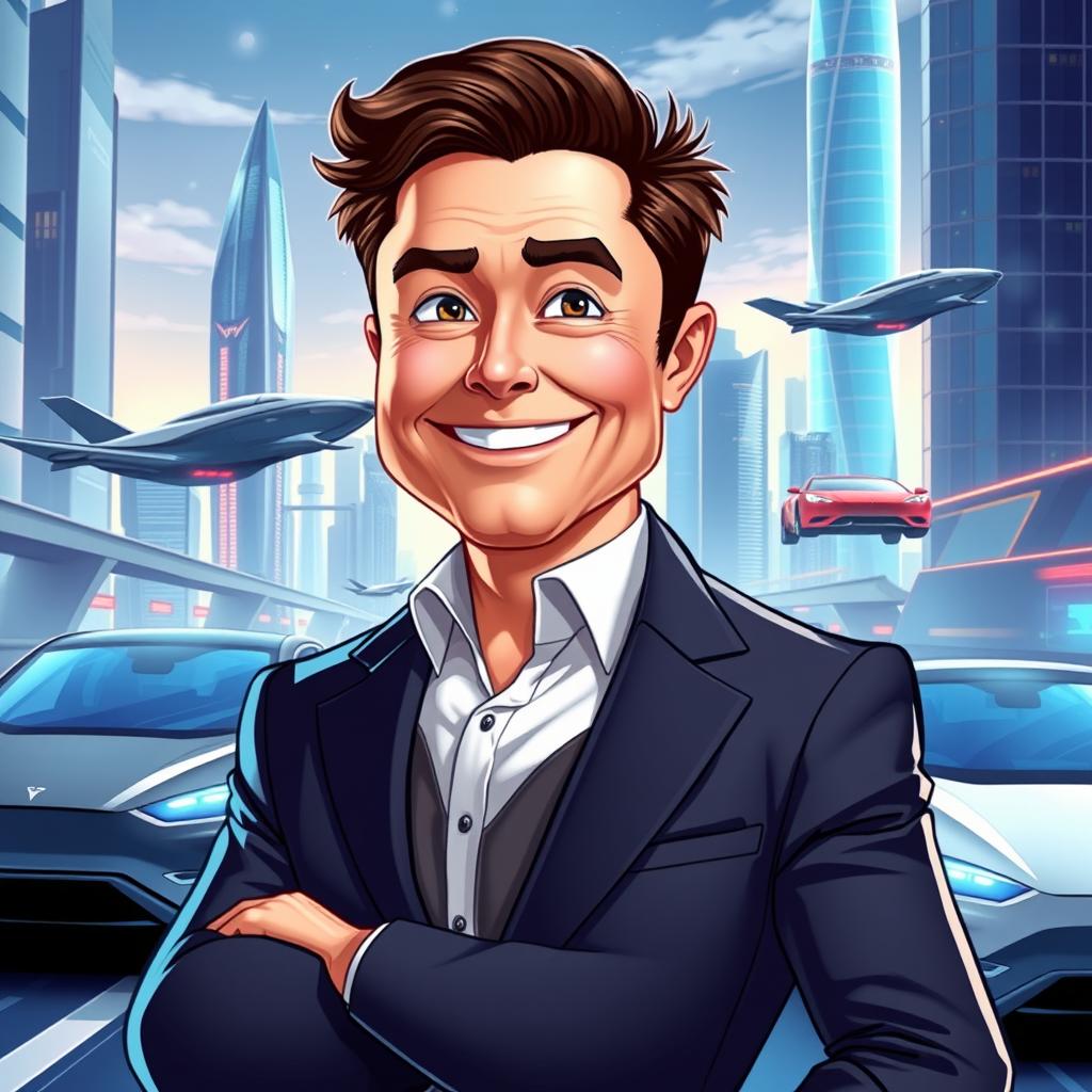 A charismatic and confident businessman character inspired by Elon Musk, depicted with strong features and a winning smile